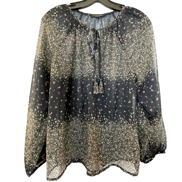 Liverpool Long Sleeve Sheer V Neck Top Tassel Ties Black Floral Print Size S - Picture 3 of 10